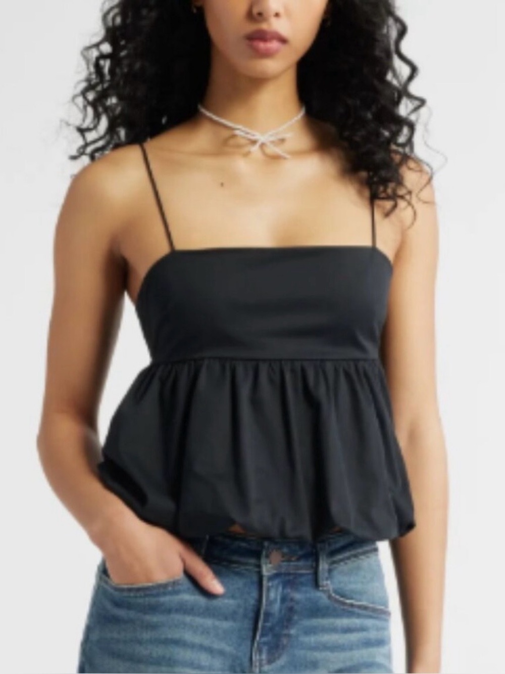 BP by Nordstrom Bubble Hem Baby Doll Open Strappy Back Camisole Black Size Small